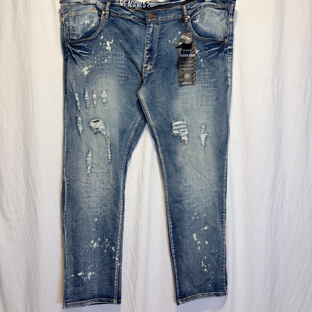 Reason Premium Denim Jeans Blue Distressed Paint Splatter‎ 3XL